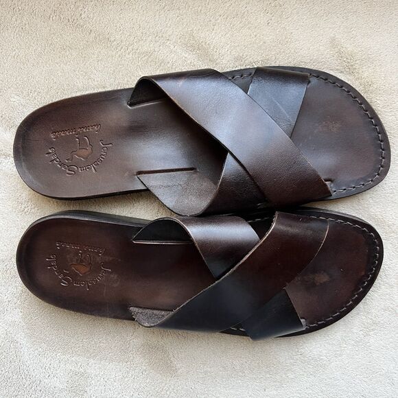 Jerusalem Elan Dark Brown Stiff Leather Slide Sandal Men EU 47 US 13.5-14 - Picture 7 of 14